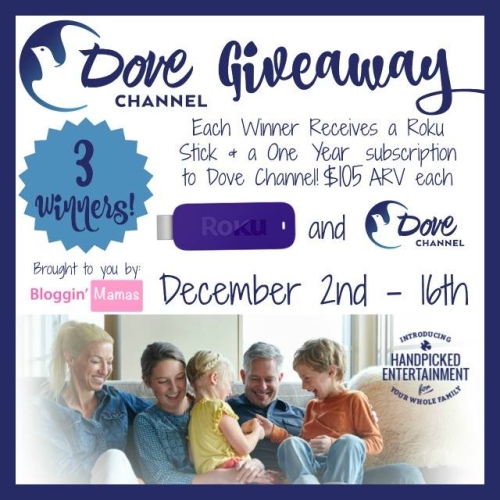 Dove Channel Giveaway. 1 year subscription + Roku. ARV $105. 3 Winners. Ends 12-16-15. US 18+. 
